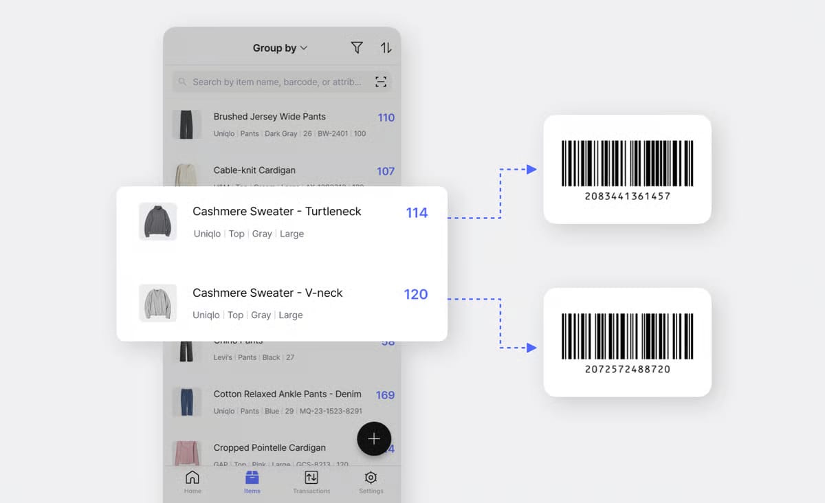 BoxHero mobile app item list showing two cashmere sweaters, each linked by a dashed arrow to its own printed barcode label.BoxHero mobile app item list showing two cashmere sweaters, each linked by a dashed arrow to its own printed barcode label.