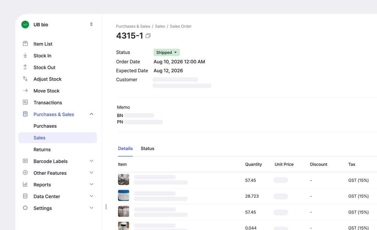 A web screenshot of UB Bio's Sales Order in BoxHero