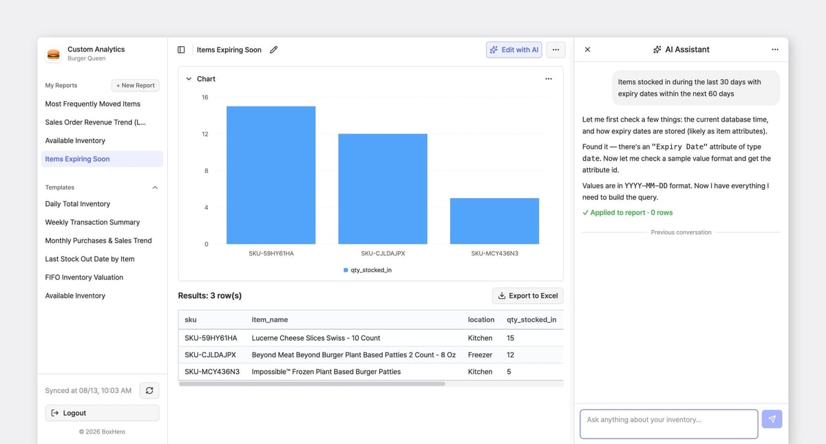 BoxHero Custom Analytics report listing food items expiring soon with SKU, quantity, and expiry date