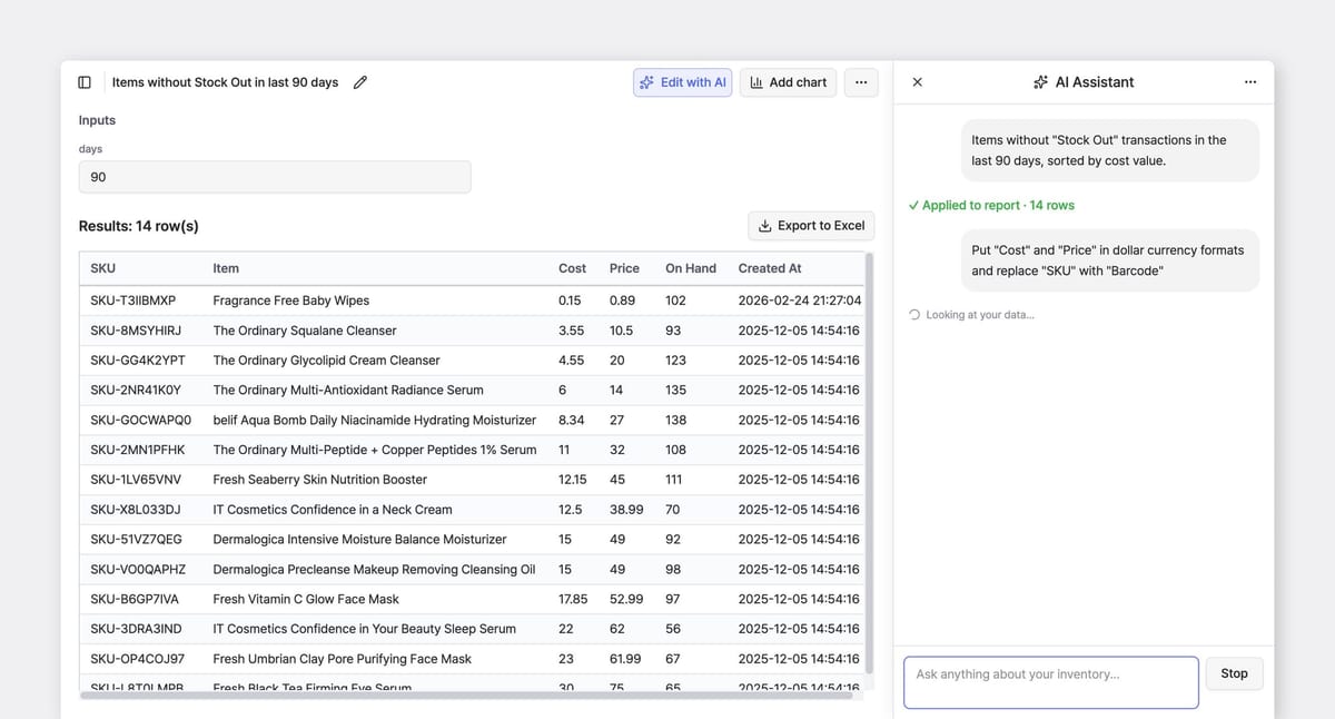 Custom Analytics: BoxHero user following up on AI Assistant prompt to refine report results.