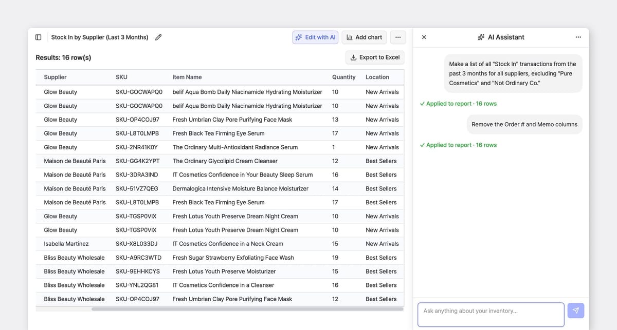 Custom Analytics: BoxHero report table listing recent "Stock In" transactions by supplier, SKU, item, quantity, and location