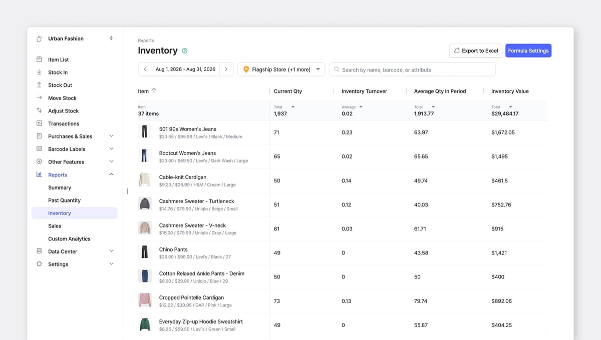 BoxHero's inventory report listing items with current quantity, inventory turnover, average quantity, and inventory value