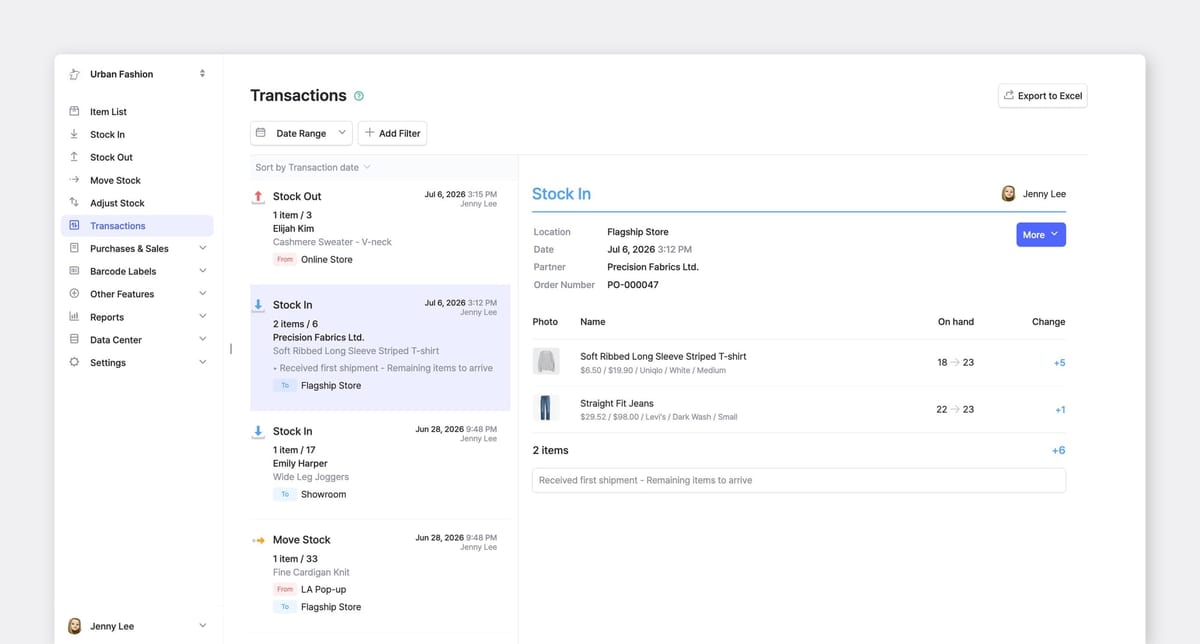 BoxHero Transactions screen showing dated Stock In, Stock Out, and Move Stock events, with a Stock In detail tied to a supplier purchase order