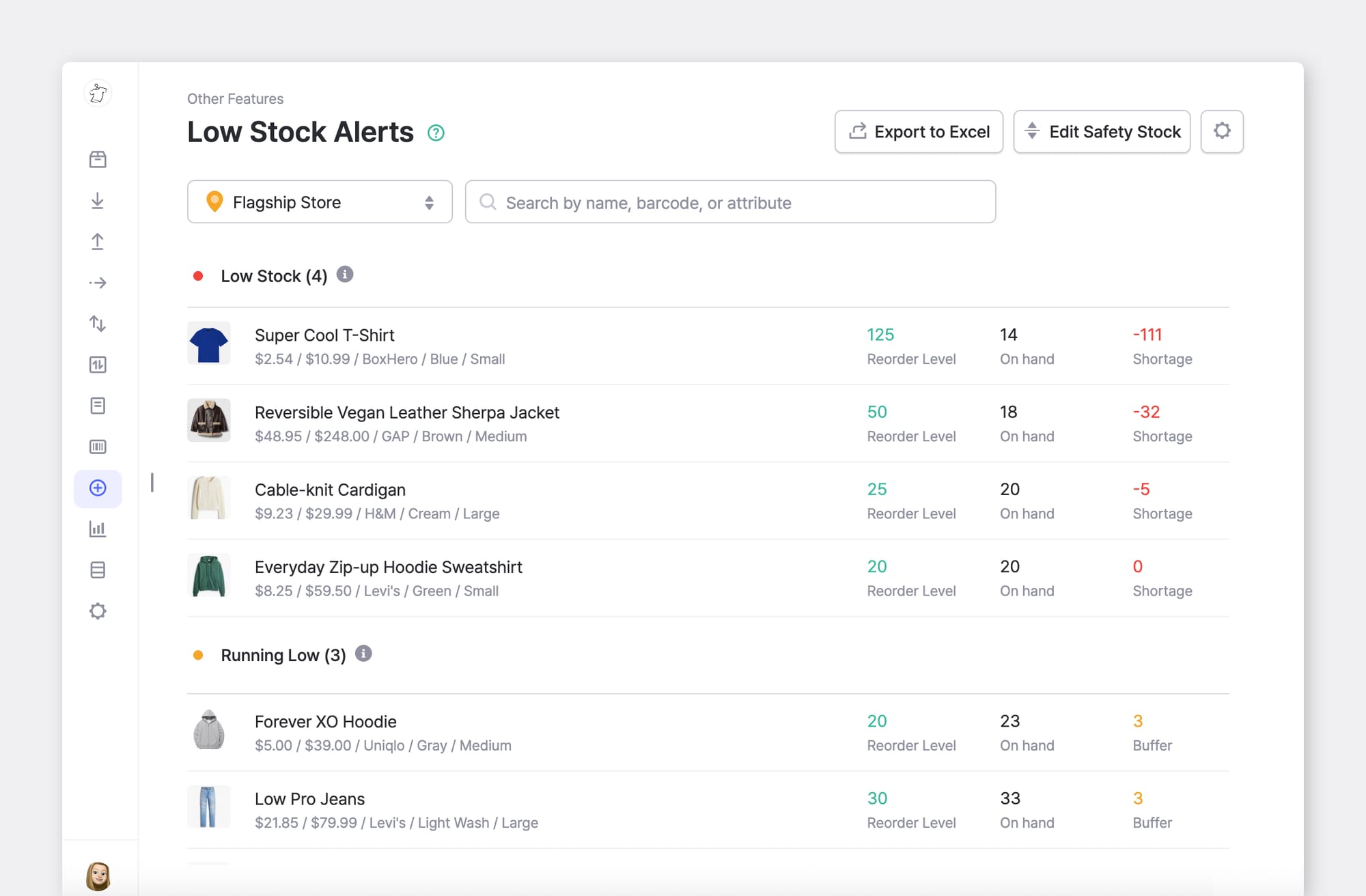BoxHero Low Stock Alerts grouping items into Low Stock and Running Low, with reorder level, on-hand quantity, and shortage for each.
