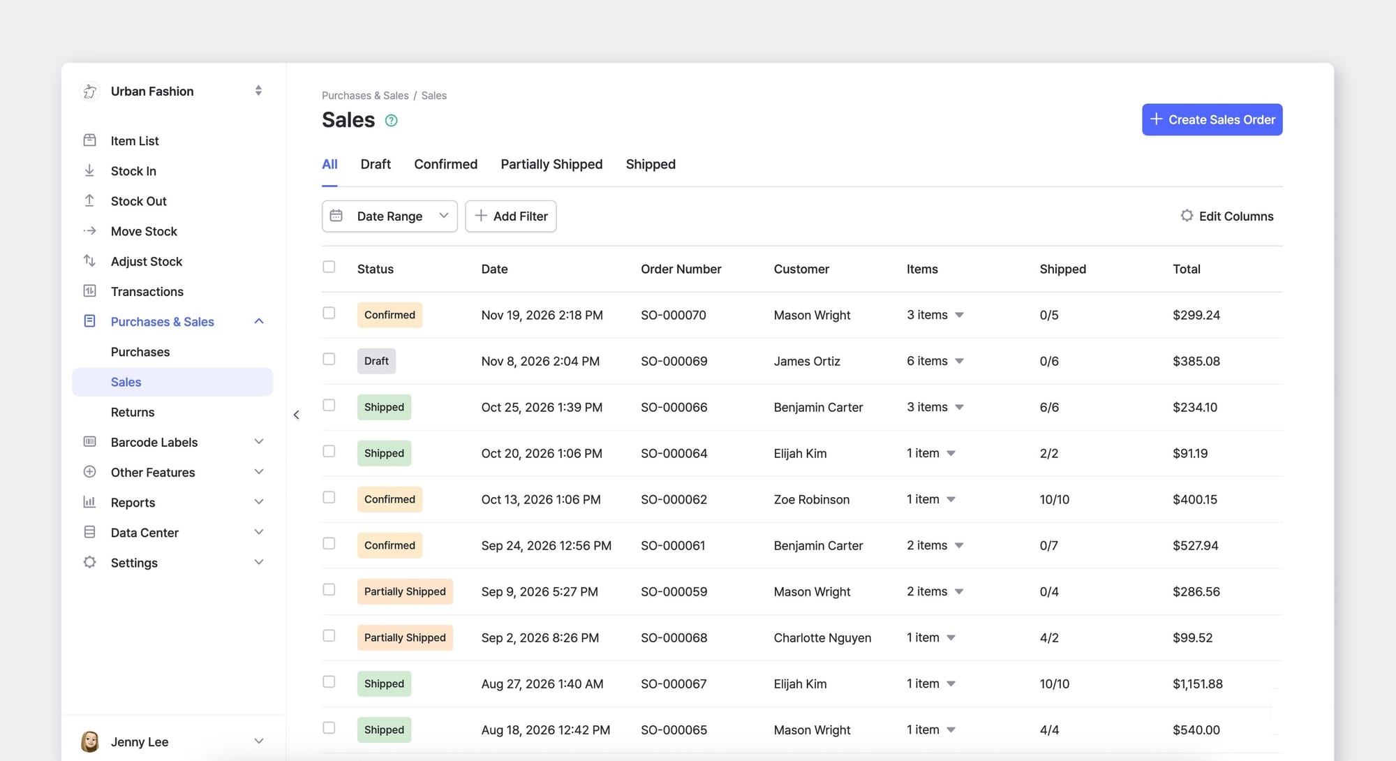 BoxHero Sales order list showing each order's status (Confirmed, Draft, Shipped, Partially Shipped), date, customer, item count, and total.