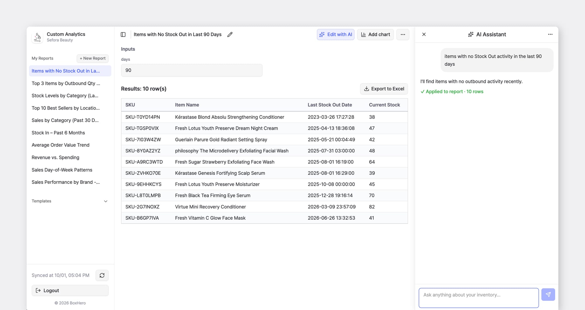 BoxHero Web UI: Asking the AI Assistant for a report in Custom Analytics