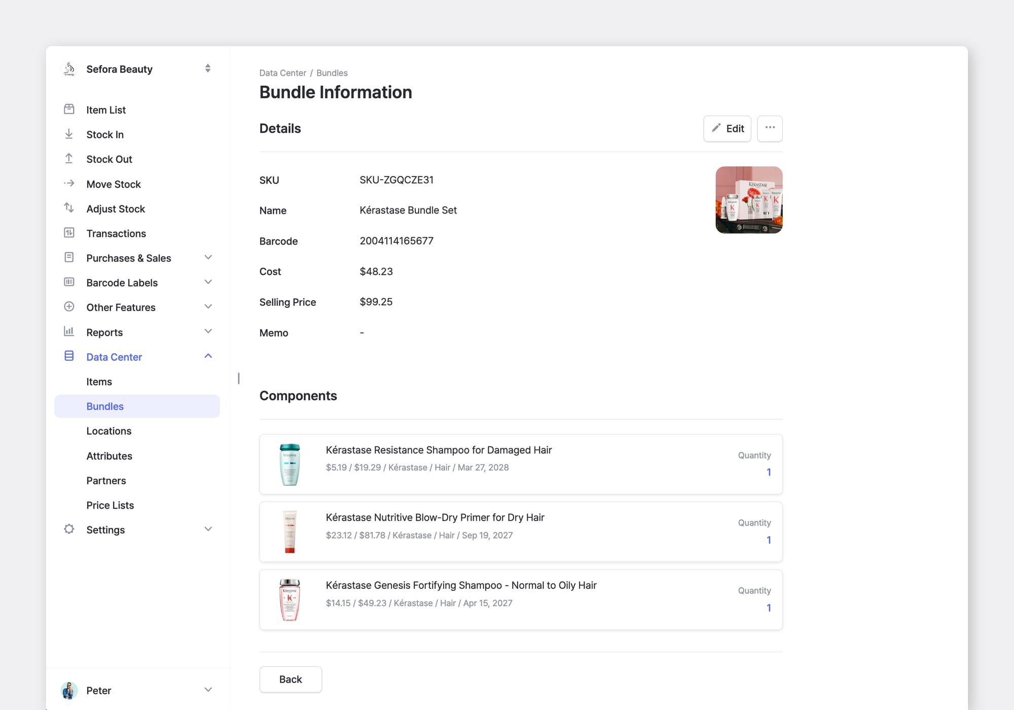 BoxHero Web UI: Bundle composed of three component items with SKU, Barcode, Cost, and Price