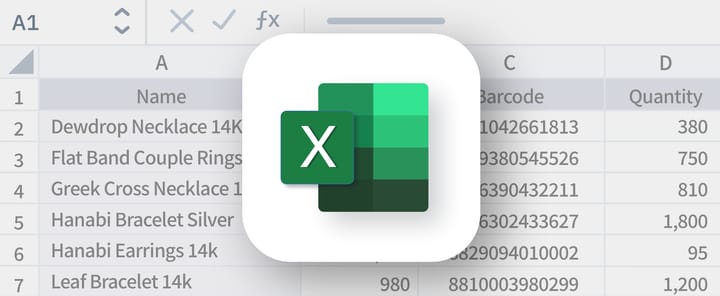 Excel icon over a blurred inventory spreadsheet showing item names, barcodes, and quantities.