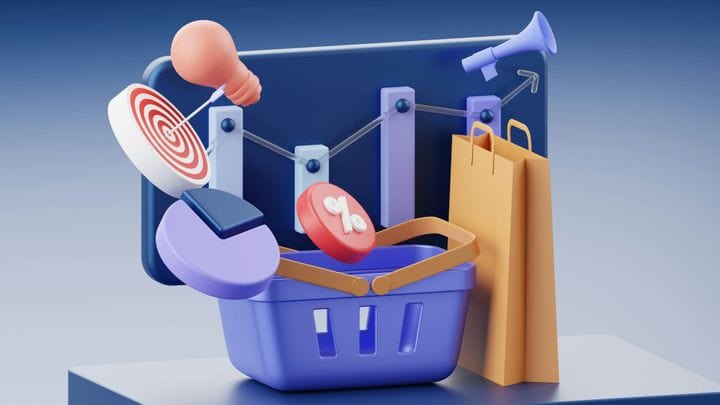 3D render of e-commerce icons including a basket, shopping bags, charts, and discount symbols on a digital interface.