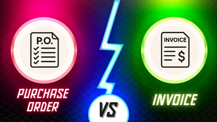 Neon-style graphic comparing a purchase order and invoice, separated by a glowing lightning bolt and "VS" in the center.