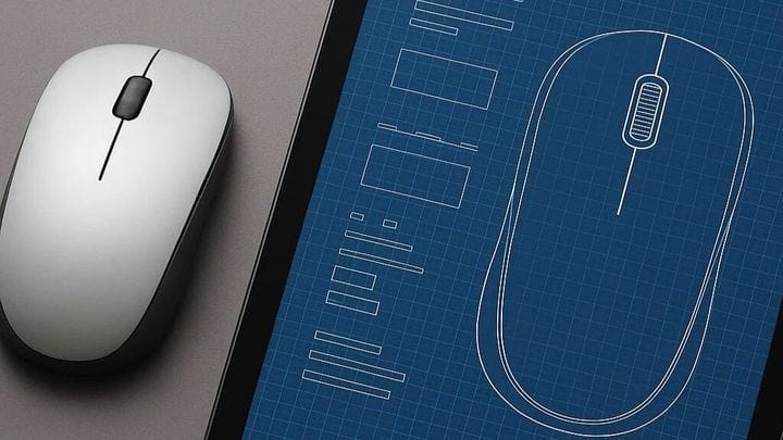 Wireless mouse next to its digital blueprint design on a tablet.