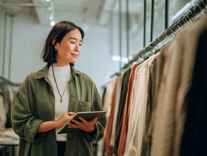 Store owner checking inventory levels on a tablet in a clothing boutique