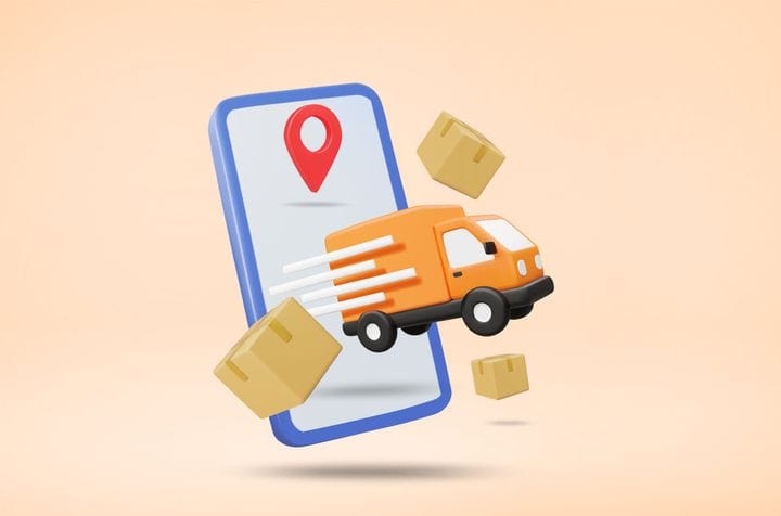3D Vector Illustration of Delivery Truck Leaving Mobile Screen with Pins Showing Destination Location, and Floating Boxes
