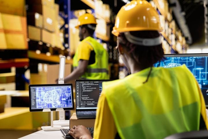 Warehouse worker wearing a hard hat and safety vest using a laptop and monitor to manage inventory, with shelves of boxes in the background