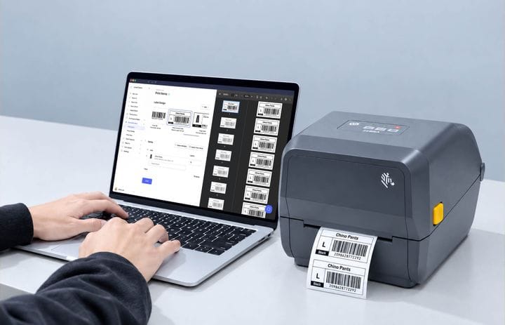 Person using BoxHero on a laptop to print barcode labels for Chino Pants, with the labels coming out of a thermal label printer.