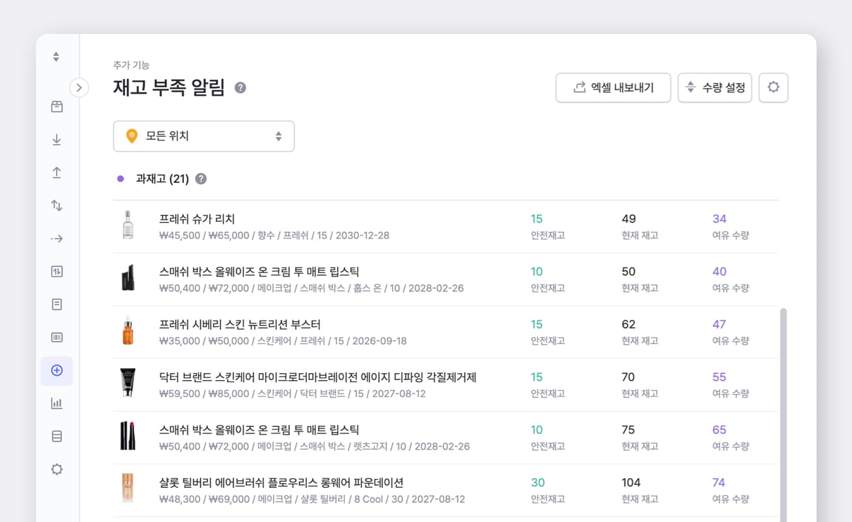 박스히어로에서 과재고를 파악하는 화면