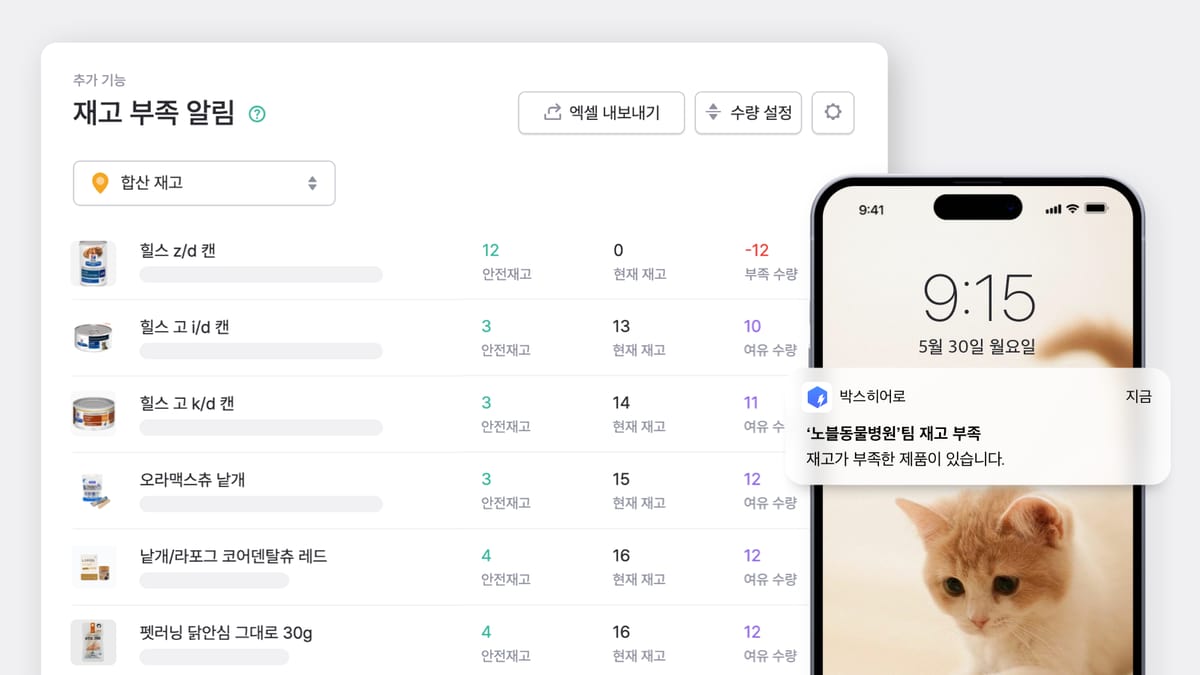 재고부족 알림 세팅 PC 화면과 재고 부족 알림 모바일 화면
