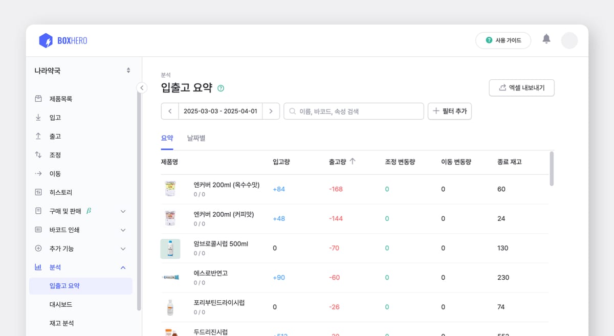 박스히어로의 입출고 요약 PC 화면
