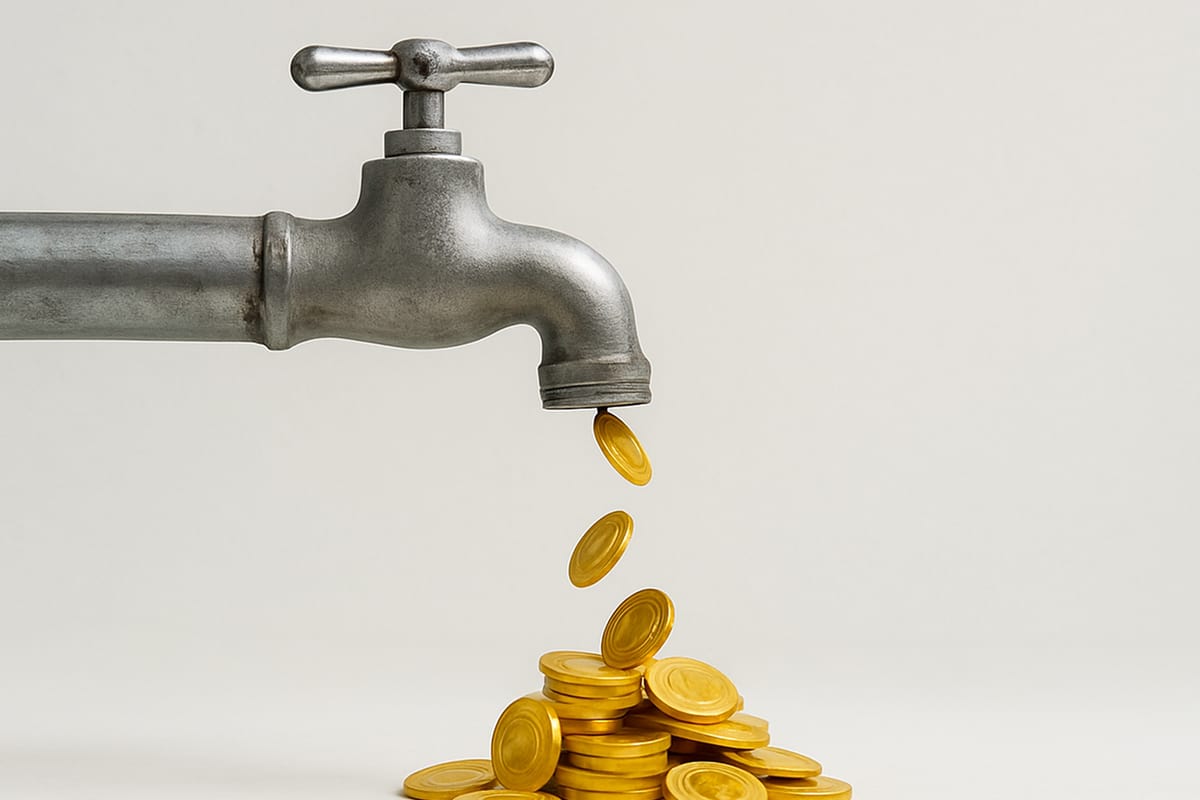 수도꼭지에서 동전들이 떨어지고 있다.