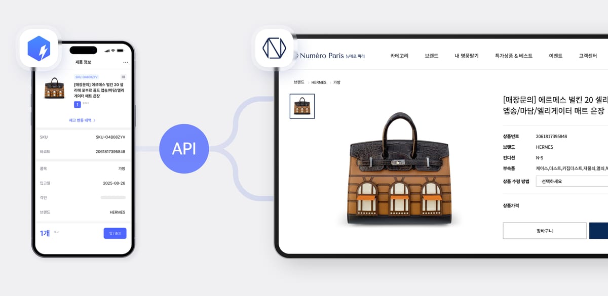 박스히어로의 제품 정보와 온라인 쇼핑몰 상품 페이지가 API로 연동되어, 에르메스 가방의 재고·SKU 정보가 실시간으로 동기화된 모습