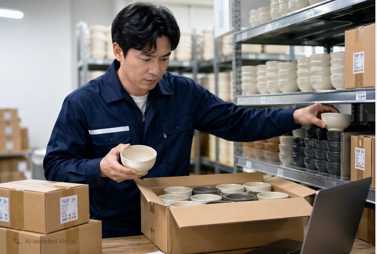 창고에서 도자기 그릇을 검수하며 박스에서 꺼내는 재고관리자