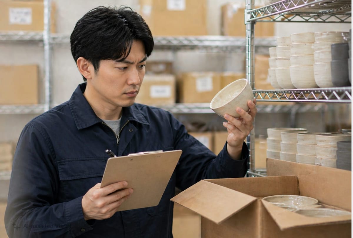 선반 앞에서 재고조사를 하며 클립보드에 수기로 기록하는 작업자