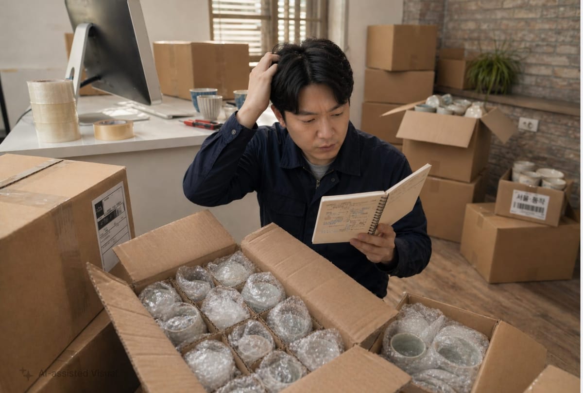 우선순위 없이 쌓인 포장된 도자기 박스 앞에서 곤란해하는 재고관리자