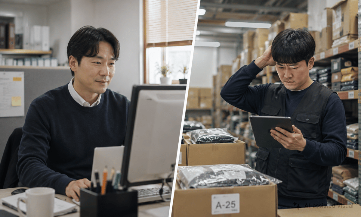 왼쪽 : 편한 표정으로 PC 업무를 보고 있는 사무 직원/ 오른쪽 : 곤란한 표정의 태블릿을 들고 있는 물류 현장 직원