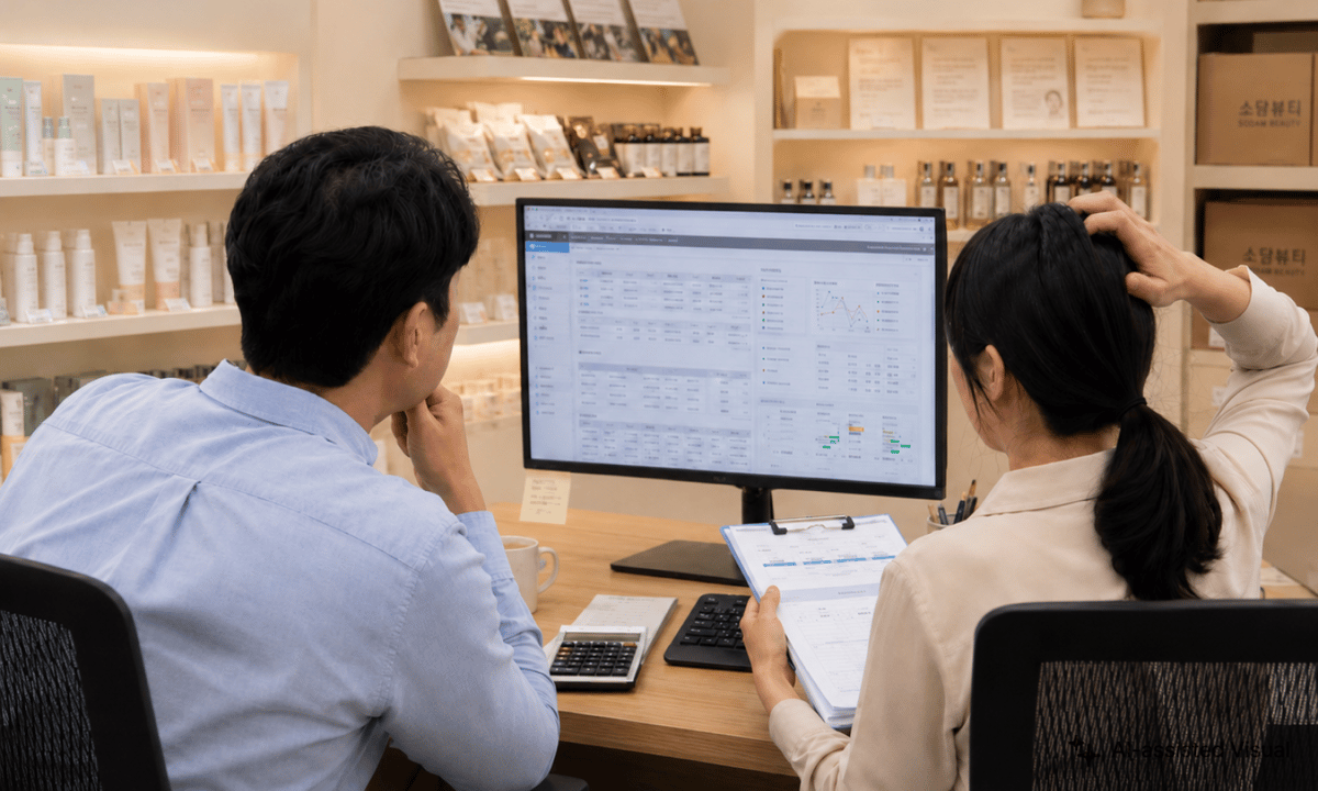 복잡한 erp 화면을 보고 있는 재고 관리 담당자들