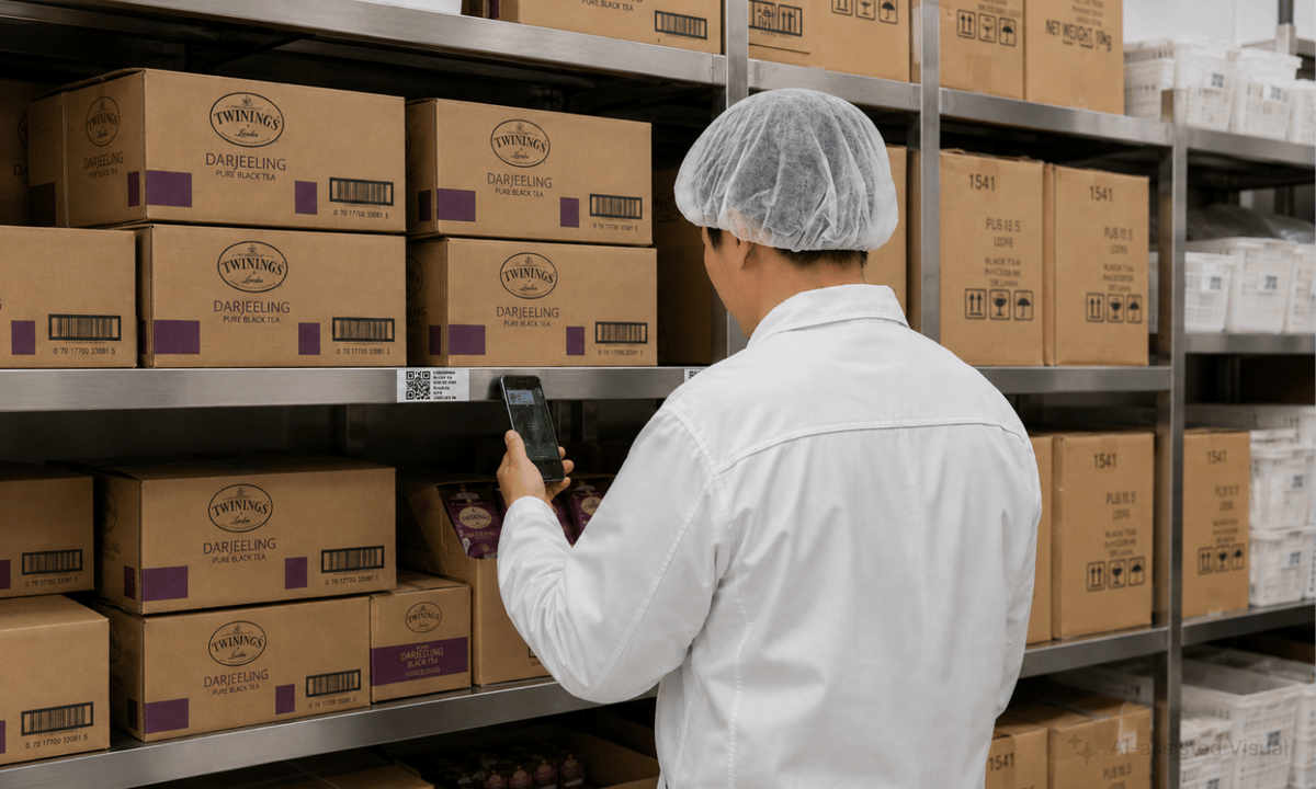 현장 선반에서 스마트폰으로 QR코드를 촬영하는 직원