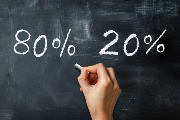 칠판에 분필로 쓰여진 "80% 20%" 글씨.